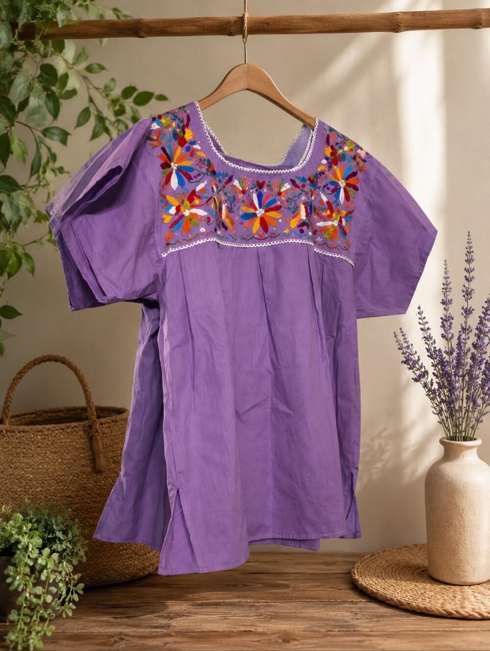 Embroidered Purple Peasant Tunic Top